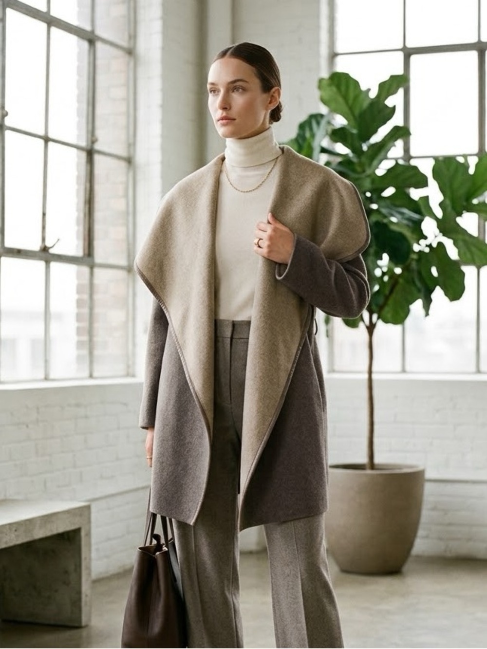 Vince taupe wool shawl collar wrap coat with leather trim - XS